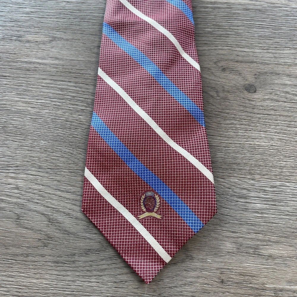 Tommy Hilfiger Tie Mens Red/white/Blue Necktie 100% Silk Wide 52 inch